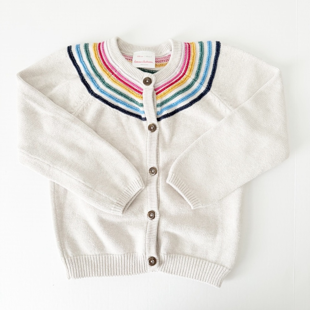 Hanna Andersson Girls Knit Cream Multicolor Striped Button Cardigan 120 6/7
